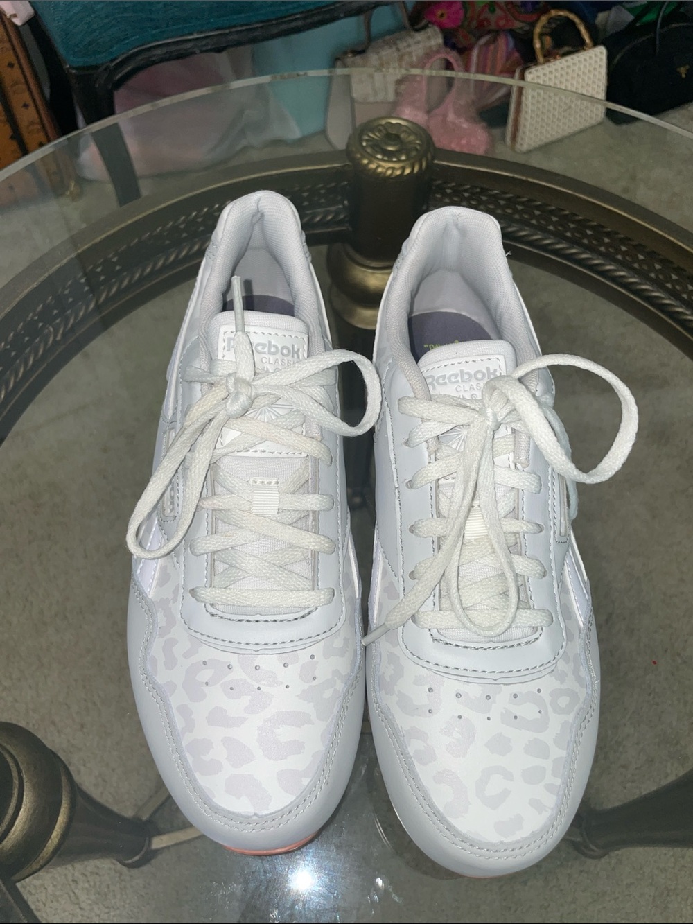 New Reebok Women's White Leopard Accent Sneakers